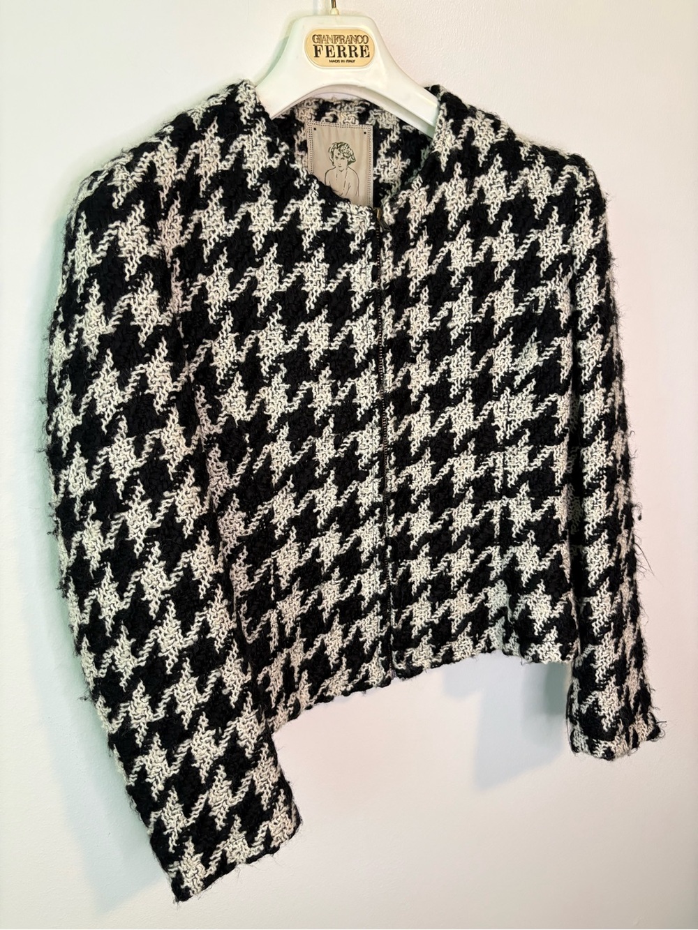 Vintage Tweed Large Houndstooth Knit Zip Ladycoat